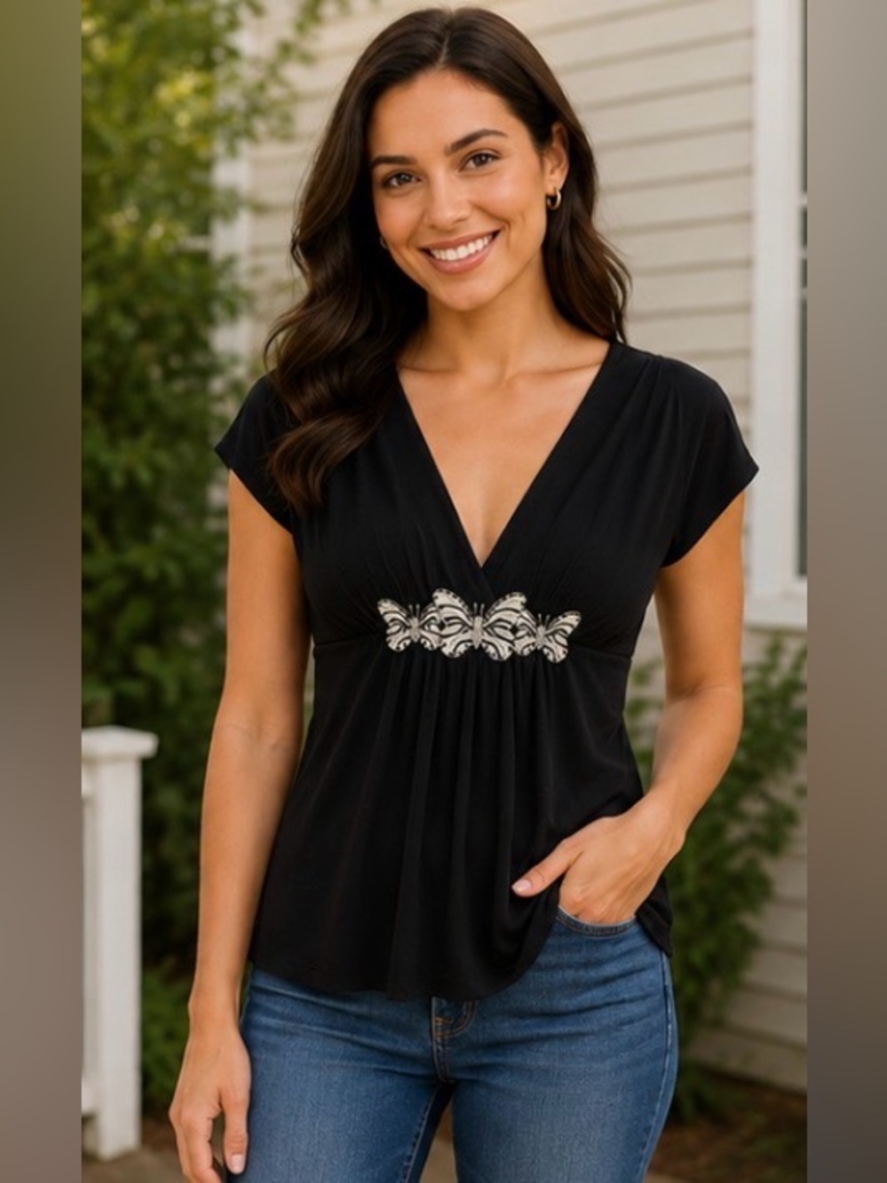 BCBGMAXAZRIA Black Butterfly Embellished Top – Size M